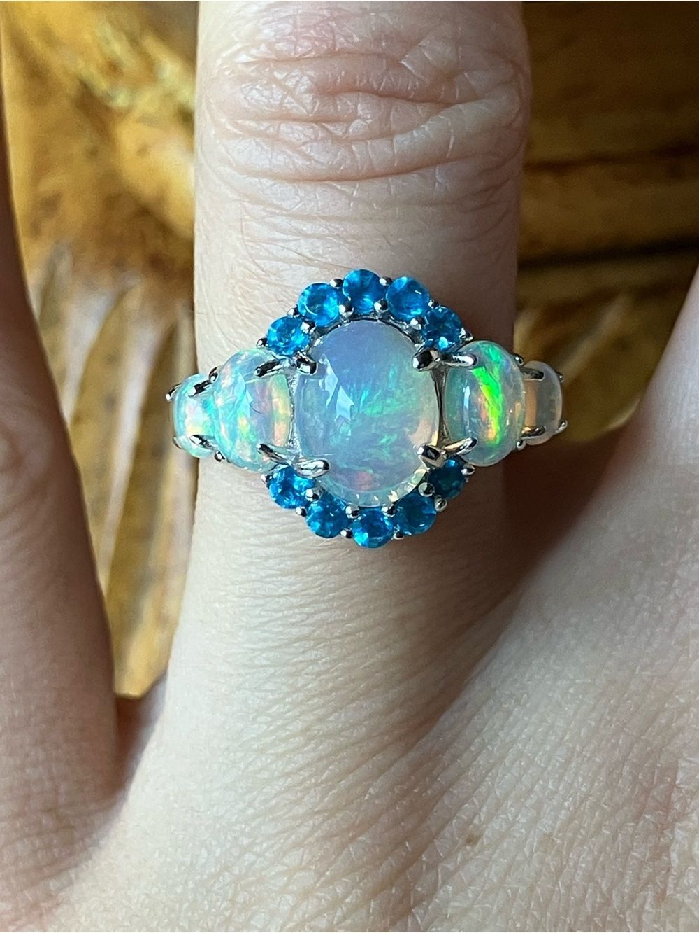 Natural Ethiopian Opal Blue Apatite Ring Size 6.75